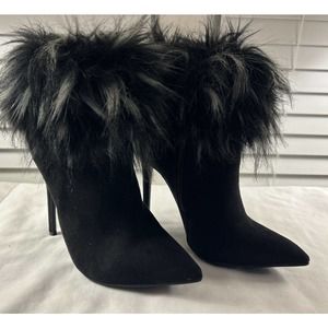 Black Suede Stiletto High Heel Booties with Fur Size 7
